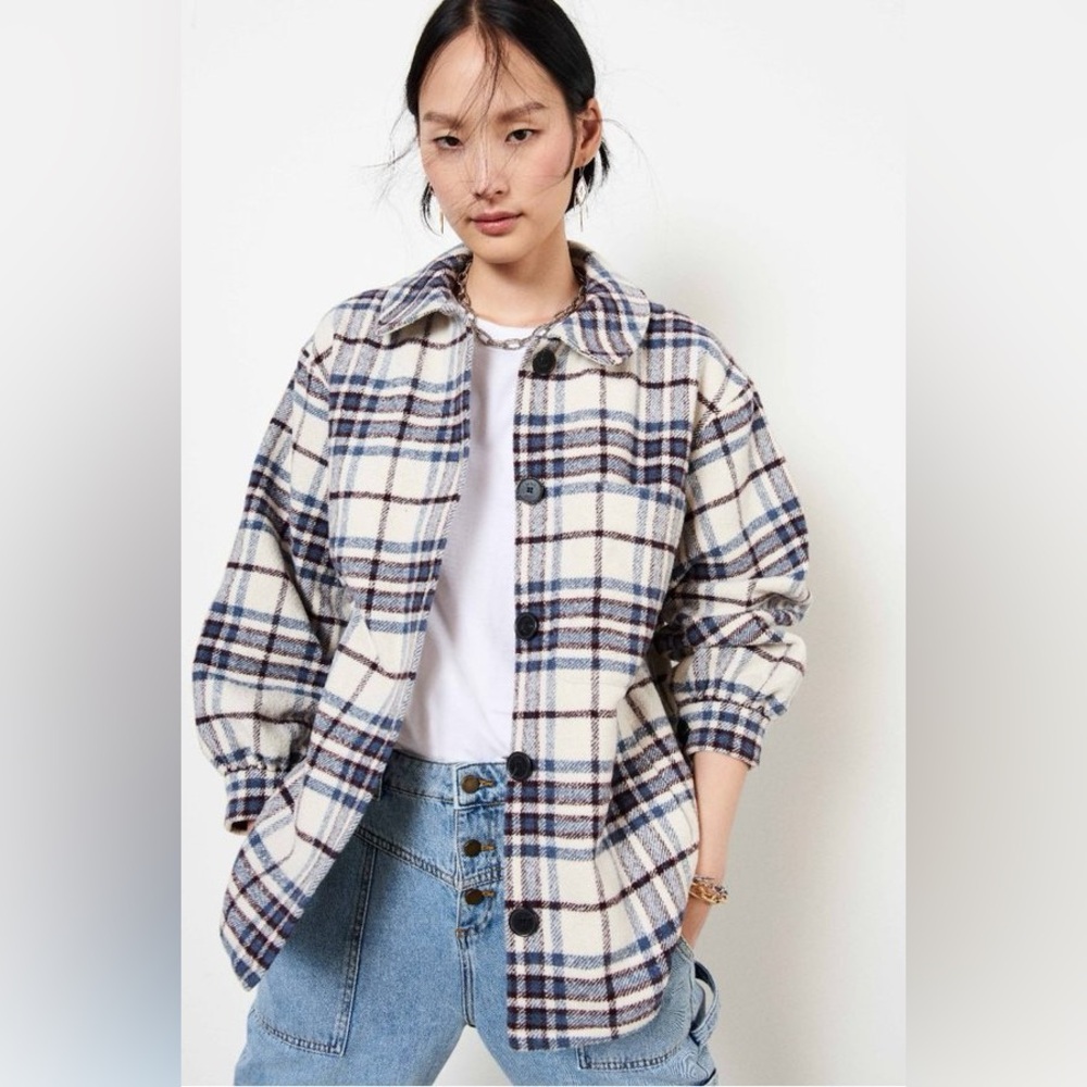 ba&sh Cream and Navy Plaid Wool-Blend Jacket